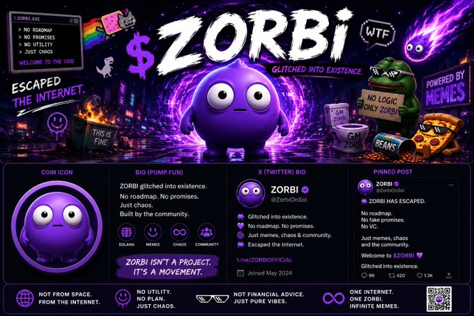 A crypto meme coin promotional graphic for '$ZORBI' featuring a purple blob character with the tagline 'Glitched into existence,' marking its escape from the internet and providing social media and bio details.