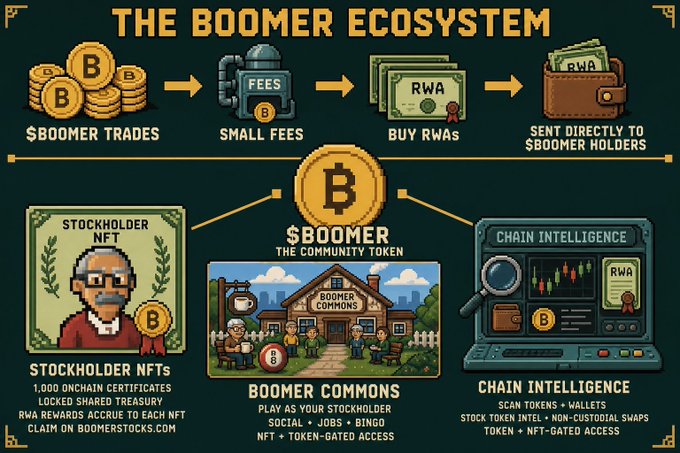 An infographic titled 'THE BOOMER ECOSYSTEM' illustrating the $BOOMER community token with sections on Stockholder NFTs, Boomer Commons, and Chain Intelligence, including a flow showing $BOOMER TRADES → FEES → BUY RWAs → SENT DIRECTLY TO $BOOMER HOLDERS.