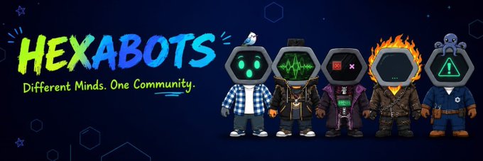 A promotional banner for 'HEXABOTS' with the tagline 'Different Minds. One Community,' featuring five characters with hexagonal robot heads displaying various designs including a skull, flames, and an octopus.