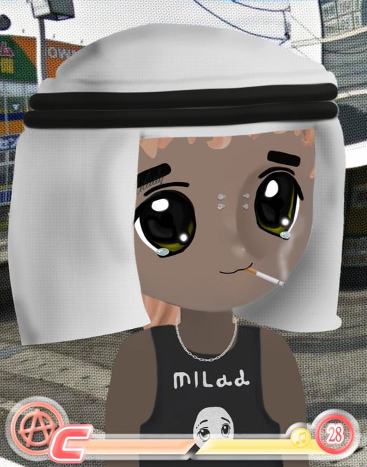 An anime-style avatar of a character wearing a white keffiyeh-style head covering and a black tank top with 'MILad' written on it, displayed in what appears to be a fighting game interface.