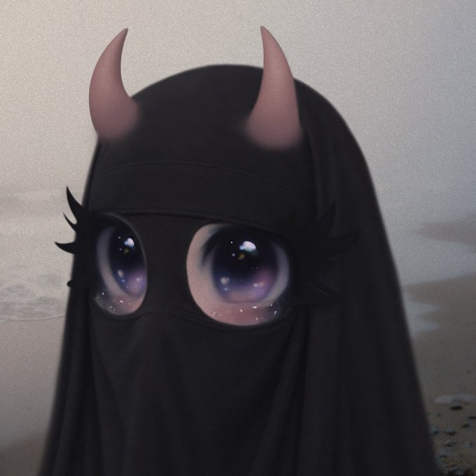 A creative illusion of a black fabric draped to form a figure with horns, featuring large, expressive anime-style eyes with a starry night sky pattern.