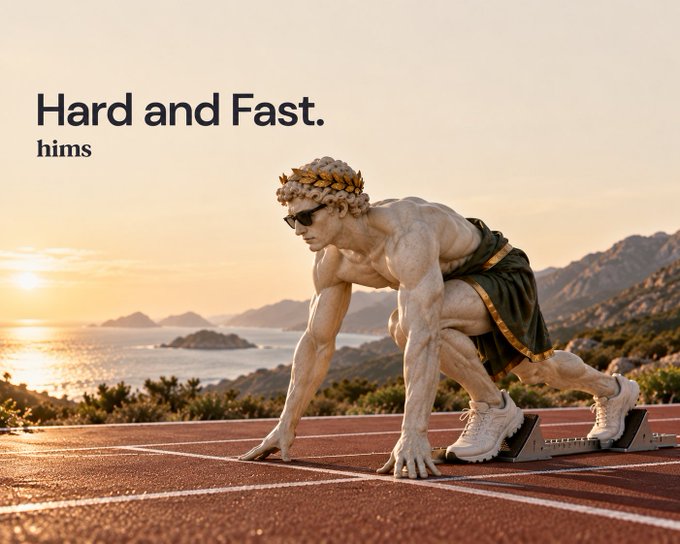 An advertisement for 'hims' titled 'Hard and Fast.' showing a statue-like muscular figure wearing a gold laurel wreath, sunglasses, and a green toga, crouched in a sprinter's starting position on a track.