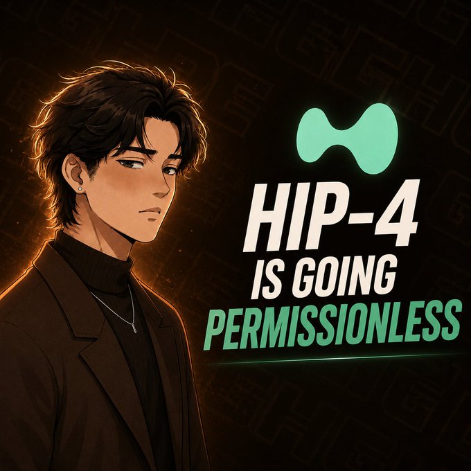 An anime-style illustration of a young man with brown hair and a black jacket appears on the left, with the teal HIP-3 logo and text reading 'HIP-4 IS GOING PERMISSIONLESS' on the right.