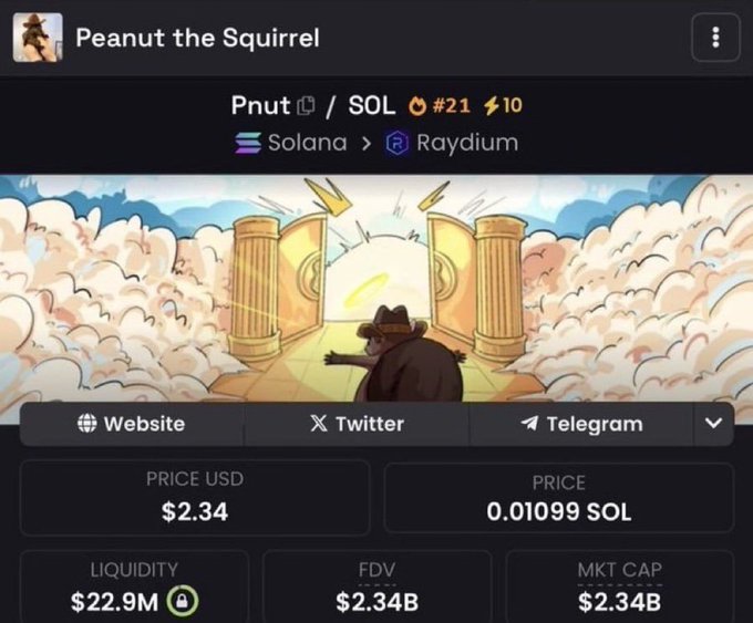 A cryptocurrency trading interface for 'Peanut the Squirrel' (Pnut/SOL) on Raydium, showing a cartoon squirrel at heavenly gates, priced at $2.34 with a market cap of $2.34B.