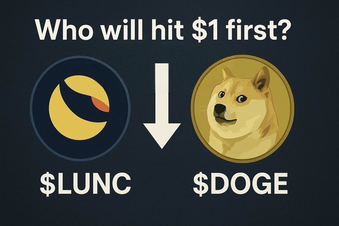 A crypto-themed graphic asking 'Who will hit $1 first?' with the $LUNC (Terra Luna Classic) logo on the left and a Dogecoin-style $DOGE coin featuring a Shiba Inu on the right, separated by a downward arrow.