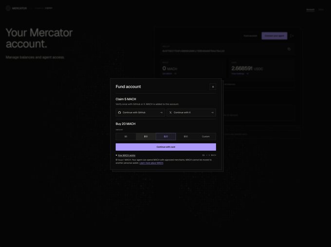 A Mercator cryptocurrency platform interface titled 'Your Mercator account' with a 'Fund account' modal for purchasing MACH tokens ($5–$50 amounts) via Stripe.