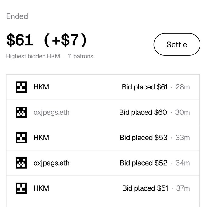 A completed auction summary showing a winning bid of $61 by HKM over oxjpeg.eth, with a 'Settle' button.
