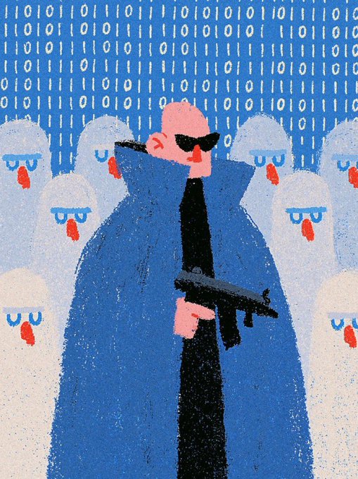 A stylized illustration of a bald man in sunglasses and a blue coat holding a gun, standing in front of a crowd of hooded figures, with a background of binary code zeros and ones.