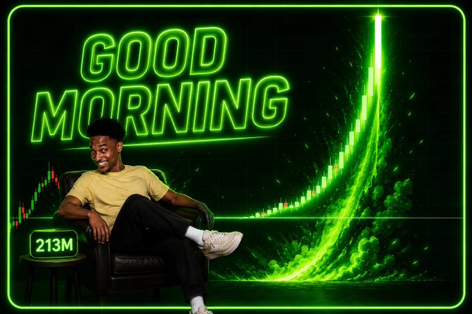 A young man in a yellow shirt and black pants smiling while sitting in a chair against a neon green background featuring 'GOOD MORNING' text and a stock chart, with '213M' displayed below.