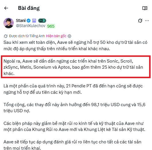 A translated Twitter/X post by @StaniKulechov about Aave discontinuing support for 50 asset reserve pools and phasing out deployments on Sonic, Scroll, zkSync, Metis, Soneium, and Aptos.
