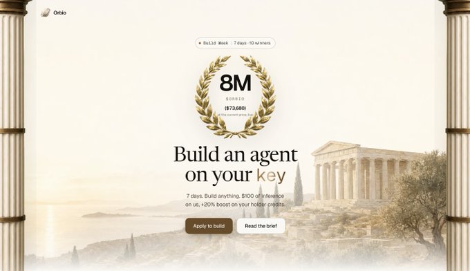 The image shows an Orsio promotional page for a "Build Week" competition with a "$73,680" prize pool sponsored by "8M," featuring a laurel wreath badge and calls-to-action to "Apply to build" or "Read the brief." The text "Build an agent on your key" appears prominently alongside details about "$100 of inference" and "+20% boost on your holder credits," which directly corresponds to the post about early applicants receiving those same incentives to get started.