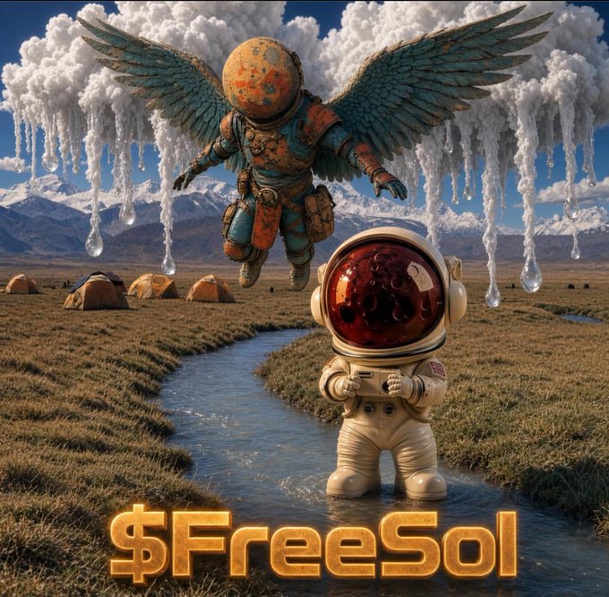 A surreal image showing an astronaut standing in a stream while a rusty, winged figure floats above, with melting clouds, tents, and mountains in the background, overlaid with "$FreeSol" text.