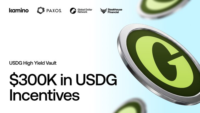 A promotional graphic for 'USDG High Yield Vault' offering '$300K in USDG Incentives', featuring logos for Lamina, Paxos, Global Dollar Network, and Steakhouse Financial, with green 'G' coin graphics.