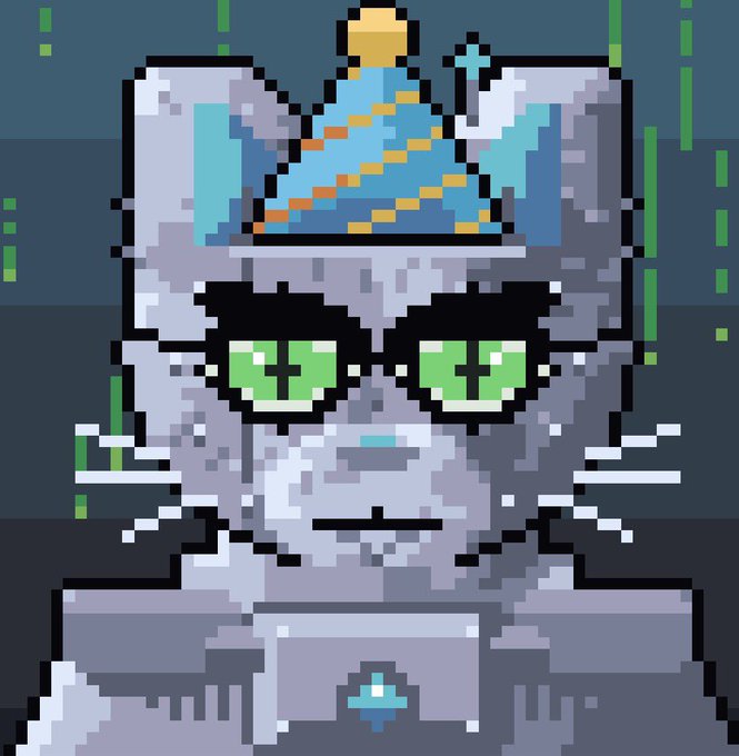 A pixel art image of a grey cat with green eyes wearing a blue party hat with yellow stars and a gold tip, set against a dark blue background with green vertical lines.