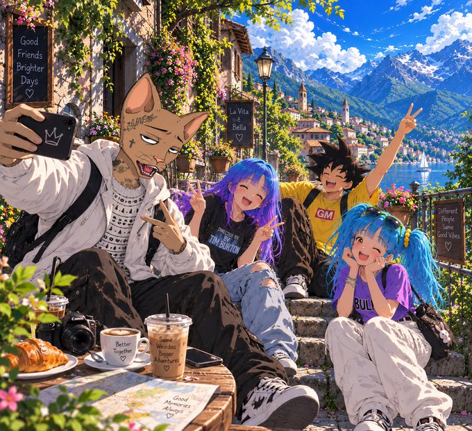 An anime-style illustration showing an anthropomorphic cat character taking a selfie with three colorful human characters in a picturesque Mediterranean town.