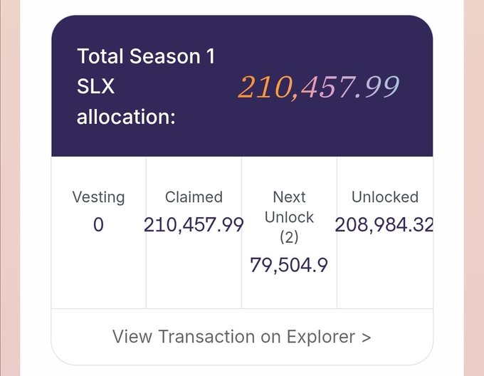 A screenshot displays a Solstice Finance (SLX) Season 1 airdrop dashboard showing a total allocation of 210,457.99 SLX tokens, of which the user has fully claimed, with 208,984.32 unlocked and a next unlock in 2 days for 79,504.9 tokens, illustrating the user's celebration of completely vesting their Season 1 airdrop while still collecting flares for Season 3.