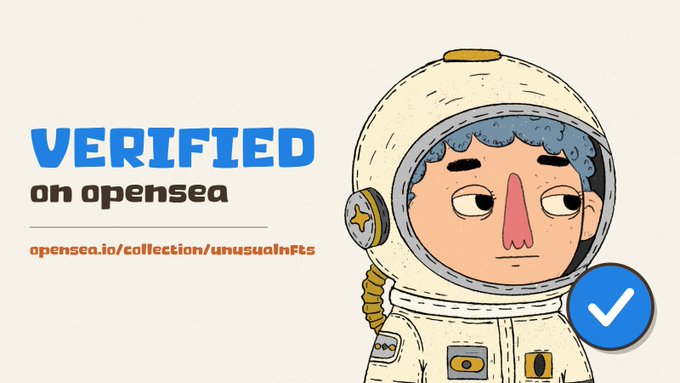 A cartoon astronaut character with a checkmark badge promoting an NFT collection verified on OpenSea, with the text 'opensea.io/collection/unusuaInFts'.