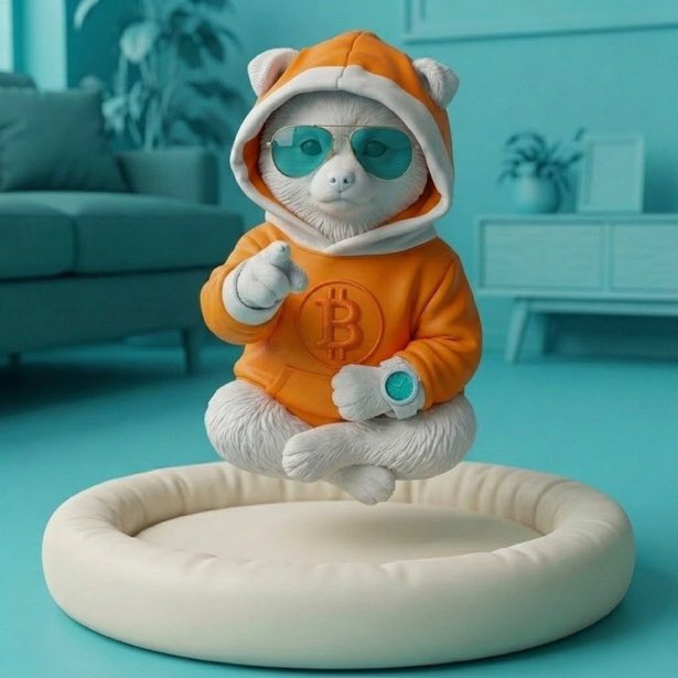 A 3D-rendered character of a white dog/bear wearing an orange Bitcoin hoodie and teal sunglasses, sitting cross-legged on a cream cushion in a teal-colored living room setting.