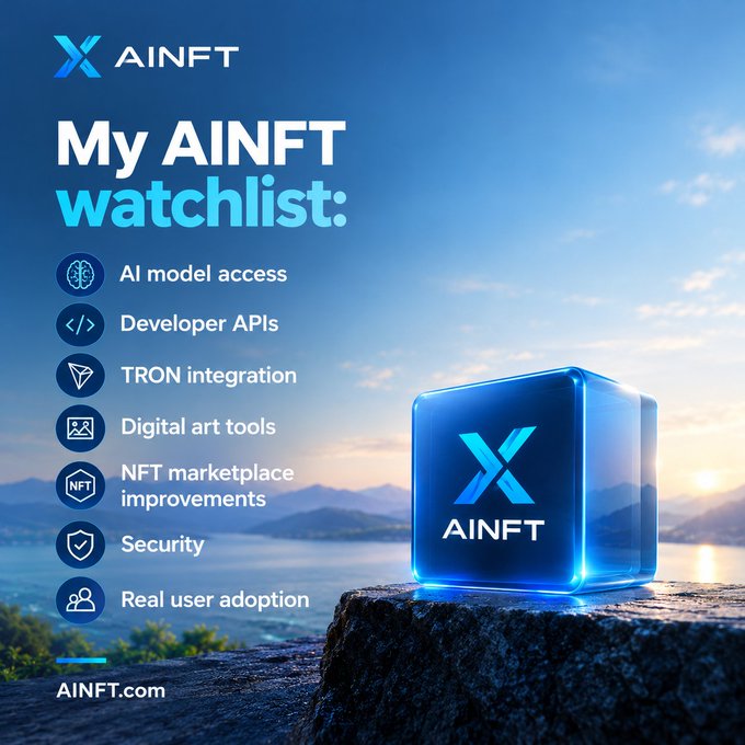 A promotional graphic for AINFT titled 'My AINFT watchlist:' listing features like Developer APIs, TRON integration, Digital art tools, and Security, set against a scenic background with a glowing blue AINFT cube.