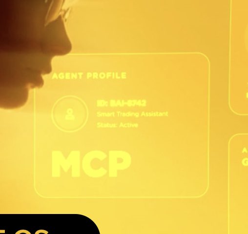 A person wearing glasses looks at a projected screen displaying an "AGENT PROFILE" with ID "BAI-8742," labeled as a "Smart Trading Assistant" with status "Active," and featuring the large "MCP" logo. The image visually reinforces the post's message by showcasing the BAI ID "BAI-8742" as the identifier for the active trading assistant profile.