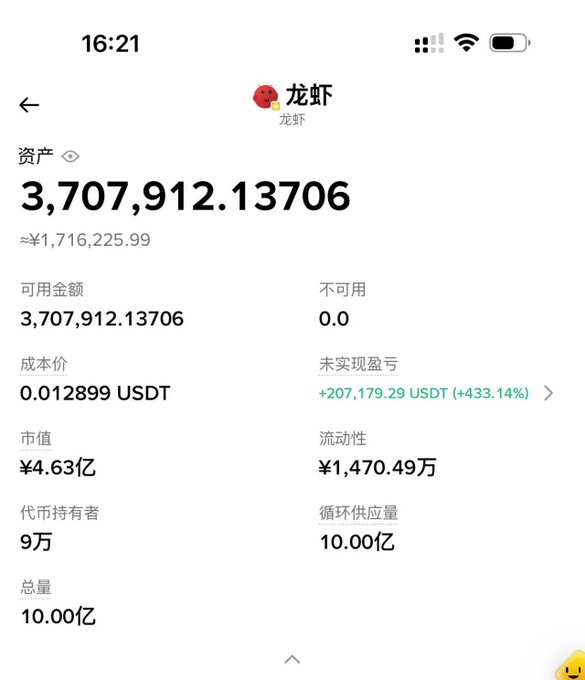 A screenshot of a crypto portfolio showing a holding of 龙虾 (Lobster) tokens valued at ¥1,716,225.99, with 3,707,912.13706 units purchased at a cost of 0.012899 USDT, now showing an unrealized gain of +207,179.29 USDT (+433.14%). The image illustrates the poster's regret about not fully selling off Lobster when it first hit 1M in gains, as the token has since grown significantly in value.