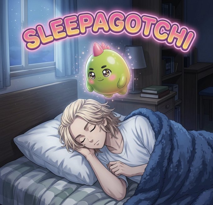 An illustration of a blonde person sleeping in bed with a small green 'Sleepagotchi' character floating above them, with the game's title displayed in glowing pink and yellow text.