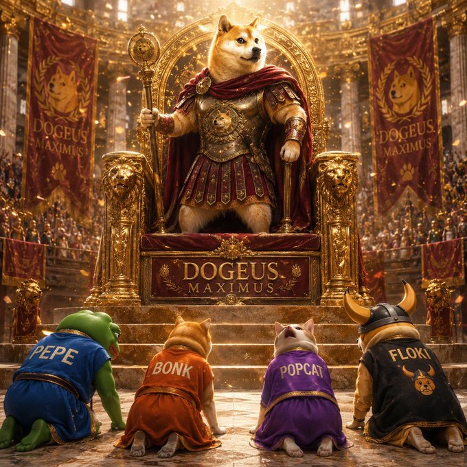 The image features a group of four dogs dressed up as characters from the movie "Doggeus maximus", sitting on a golden throne with their human companions, who are also dressed up for the occasion. The dogs appear to be posing for a photo or participating in an event related to the movie.
