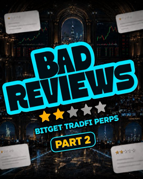 A thumbnail graphic titled 'BAD REVIEWS' features a 2-star rating over a backdrop of city stock tickers, with text reading 'BITGET TRADFI PERPS PART 2'.