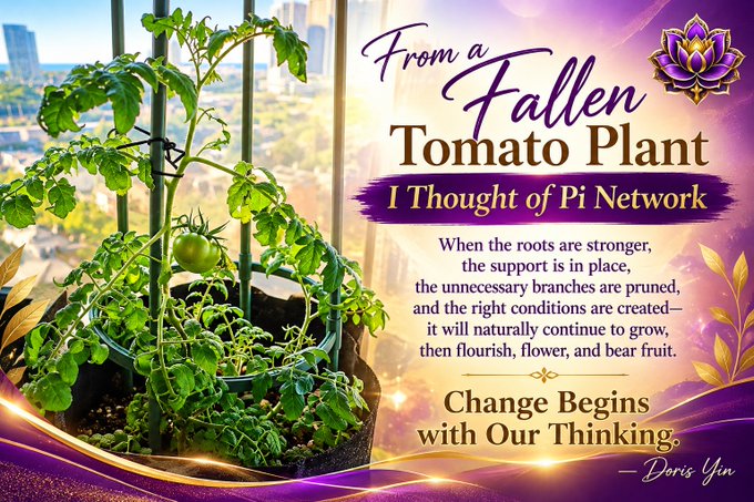 An AI-generated graphic featuring a potted tomato plant on a balcony with the headline "From a Fallen Tomato Plant I Thought of Pi Network," accompanied by an inspirational quote about growth that reads, "When the roots are stronger, the support is in place, the unnecessary branches are pruned, and the right conditions are created—it will naturally continue to grow, then flourish, flower, and bear fruit. Change Begins with Our Thinking," signed by Doris Yin. The image visually reinforces the accompanying post's reflection on nurturing Pi Network by using the tomato plant as a metaphor for the need for proper support, space, and care to thrive.