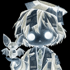 An anime-style character with glowing white eyes and a small bat-like companion, rendered in a monochrome aesthetic made entirely of torn paper scraps and text fragments.