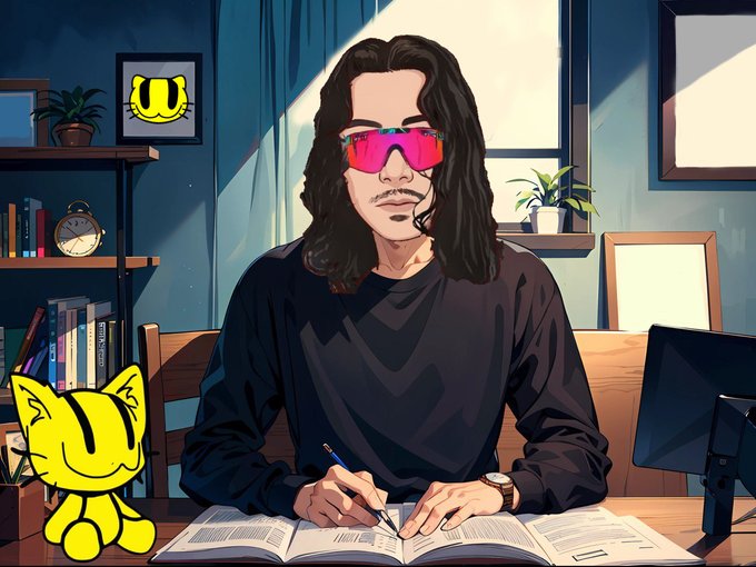 A digital illustration of a person with long dark hair wearing pink and blue sunglasses, sitting at a desk writing in an open book, accompanied by a yellow cartoon cat character in the corner.
