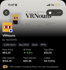 A mobile screenshot shows the VRNouns NFT collection priced at $65.22 with a 3,398 item floor, 154.7K in 24H volume, and 2.8K holders, reflecting the current market state of the collection mentioned in the post about its price and daily vault earnings.