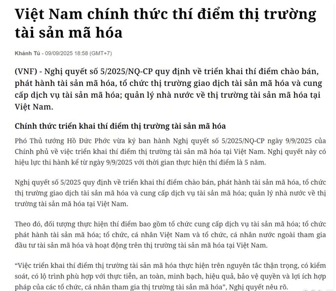 A Vietnamese news article titled 'Việt Nam chính thức thí điểm thị trường tài sản mã hóa' by Khánh Tú, dated 09/09/2025, discussing the official pilot of the crypto asset market in Vietnam under Decree 5/2025/NQ-CP.