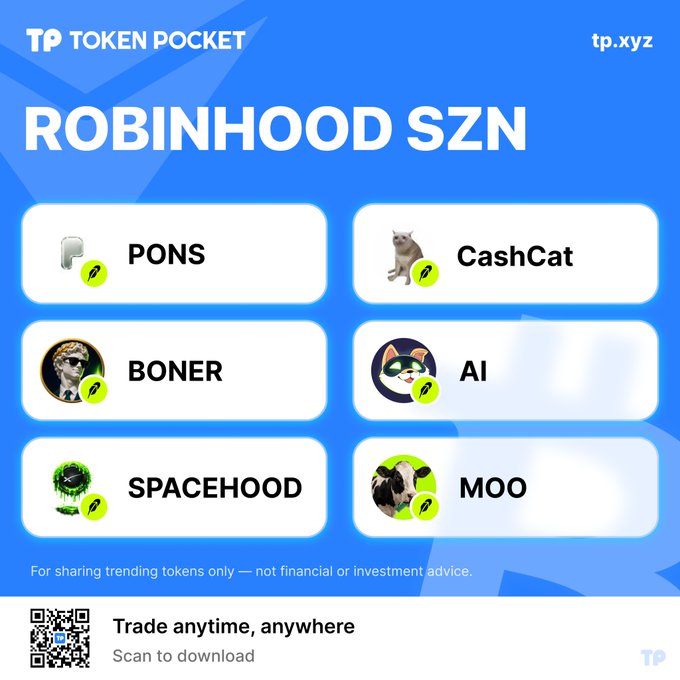 An advertisement for 'Token Pocket' (tp.xyz) titled 'ROBINHOOD SZN', displaying a list of trending tokens including PONS, CashCat, BONER, AI, SPACEHOOD, and MOO, with a disclaimer that it is not financial advice.