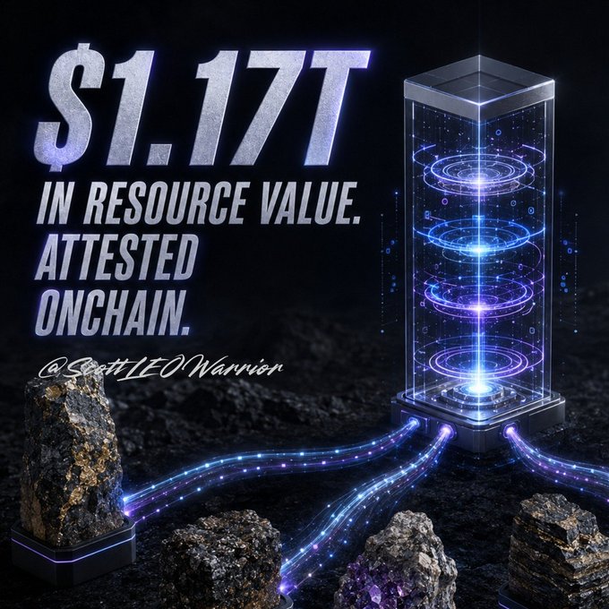 The image displays "$1.17T IN RESOURCE VALUE. ATTESTED ONCHAIN." alongside a glowing futuristic tower connecting to physical mineral ore samples, visually emphasizing QXMP's $1.17 trillion verified real-world asset valuation tied to tangible natural resources.