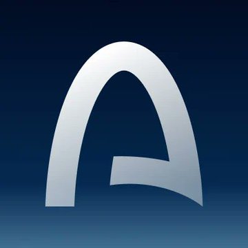 A stylized silver metallic letter 'A' logo is centered against a dark navy blue gradient background.