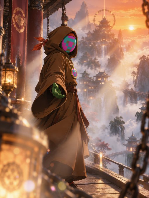 A hooded figure with a glowing, multicolored mask stands on a balcony overlooking a misty, mountainous landscape filled with traditional East Asian architecture at sunset.