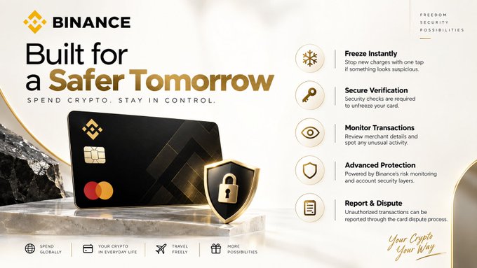 A Binance promotional banner reading 'Built for a Safer Tomorrow' featuring a black Binance card with a Mastercard logo and a list of security features like 'Freeze Instantly' and 'Secure Verification'.