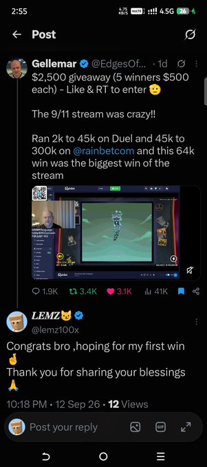 A screenshot of an X/Twitter post by verified user Gellemar (@EdgesOf...) announcing a '$2,500 giveaway (5 winners $500 each)' celebrating a gambling stream win, with a reply from LEMZ (@lemz100x).