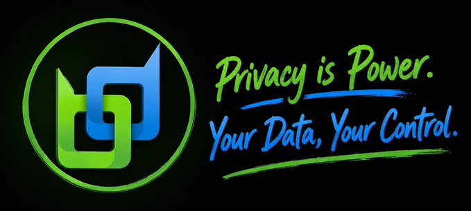 A black banner with a green and blue interconnected square logo, displaying the slogan 'Privacy is Power. Your Data, Your Control.'