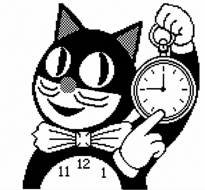 A black-and-white retro-style illustration of a smiling cat wearing a bow tie, holding a pocket watch, with a clock face incorporated into its torso.