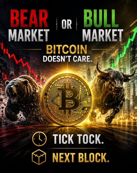 A bold financial graphic features a roaring bear on the left and a charging bull on the right, flanking a glowing golden Bitcoin, with the text "BEAR OR BULL MARKET—BITCOIN DOESN'T CARE. TICK TOCK. NEXT BLOCK." reinforcing the #stacksats #bitcoin message that accumulating Bitcoin matters regardless of market conditions.
