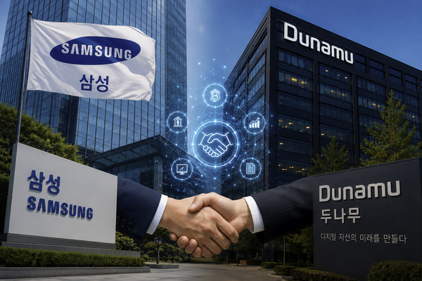 A handshake between Samsung and Dunamu executives in front of their respective corporate buildings, overlaid with icons representing blockchain and fintech partnerships, visually symbolizing the strategic alliance mentioned in the post between Dunamu's GIWA Chain and Samsung SDS for stablecoin and AI payment initiatives.