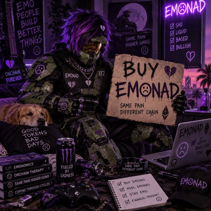 A stylized promotional image for "EMONAD" featuring a character with purple hair in tactical gear holding a "BUY EMONAD - SAME PAIN DIFFERENT CHAIN" sign, surrounded by sad emoji branding, a dog, gaming controller, and various merchandise.