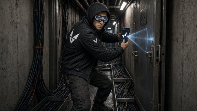 A person in a black hoodie and tactical goggles crouches in a dark server room, scanning a door with a device that projects a blue holographic beam.