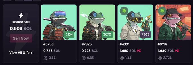 A Magic Eden NFT marketplace interface displays "Instant Sell 0.909 SOL" alongside four green frog NFT listings (#3730 at 0.728 SOL, #7925 at 0.728 SOL, #4331 at 1.680 SOL, and #9114 at 1.680 SOL), illustrating the user's complaint that the instant sell floor price (0.909 SOL) is higher than the actual floor offers of 0.728 SOL shown on the listings.