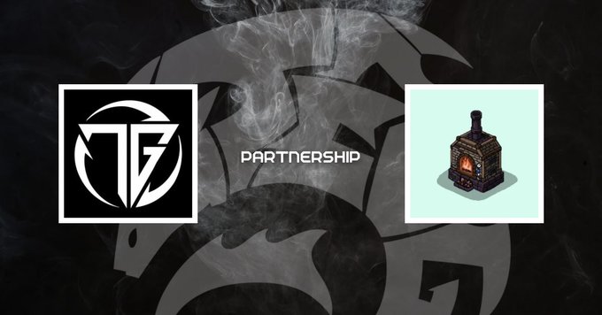 A partnership announcement graphic featuring two logos on either side of the word 'PARTNERSHIP' with a smoky dragon design in the background.