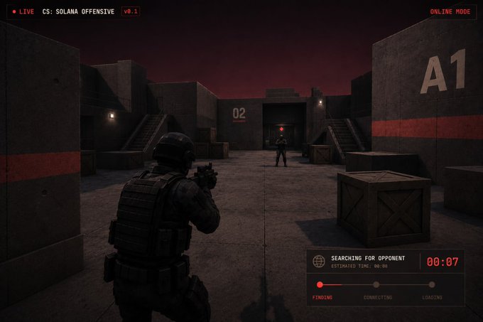 A first-person view of a CS: Solana Offensive match lobby where a player aims at an opponent across a dark, industrial map labeled "A1" and "02," while the interface shows a "LIVE CS: SOLANA OFFENSIVE v0.1" tag and a matchmaking timer reading "SEARCHING FOR OPPONENT 00:07" in online mode.