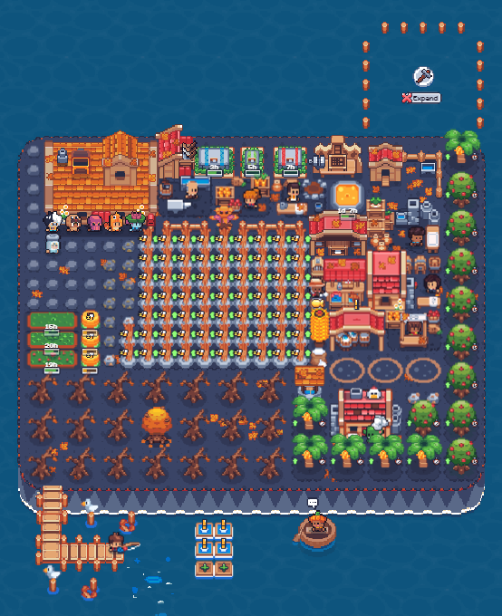 A vibrant pixel-art farming island from Sunflower Land, featuring neatly arranged crops, fruit trees, a bakery, crafting stations, and a central farmstead, surrounded by ocean with a wooden dock and a player named "CaptainD" (visible on a ship in the upper right). The scene showcases the game's cozy farming and crafting gameplay loop central to the #SunflowerLandFarm theme.