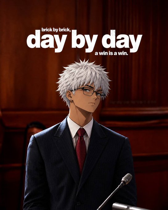 An anime-style character with silver hair, glasses, and a suit stands at a microphone, with text 'brick by brick, day by day / a win is a win.'